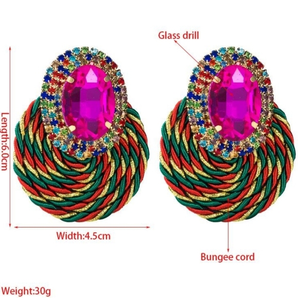 Big Rhinestone and Cord Earrings, Green/Emerald colour - Picture 6 of 7